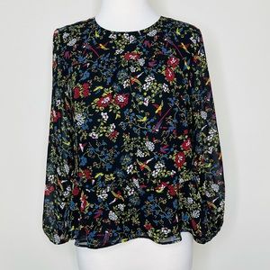 Madewell Sheer Sleeve Ruffle Peplum Top Finch Floral Black Blouse Size Small